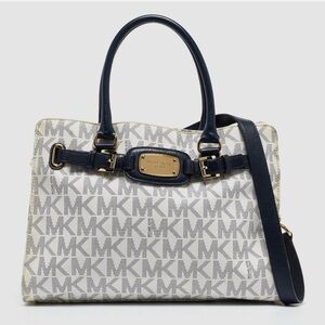 Michael Kors White and Navy signature coated canvas east west Hamilton tote